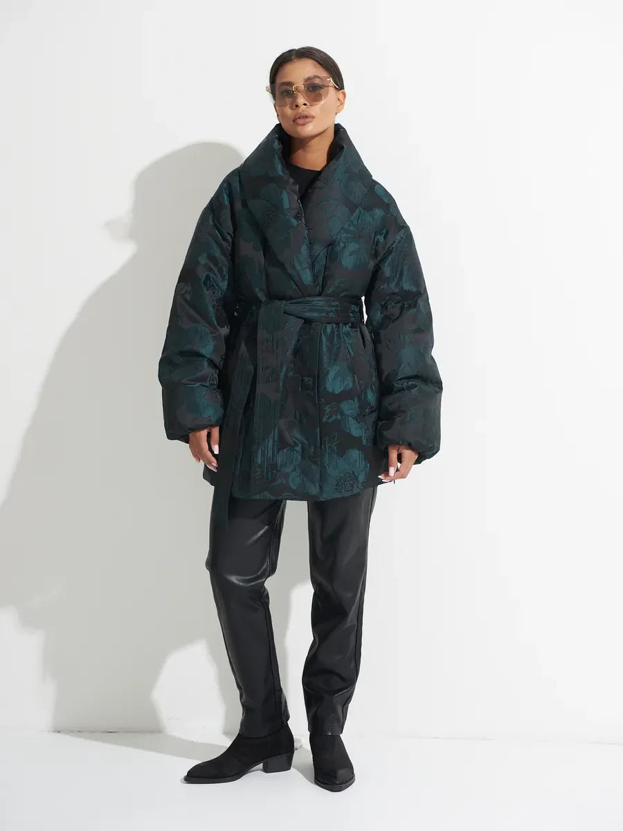 Monochrome Jacquard Down Coat in Vintage Emerald Alaska® Outerwear Company
