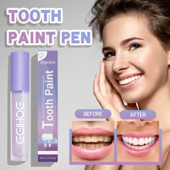 Tooth Paint Pen with packaging and before/after effects on a woman's smile.