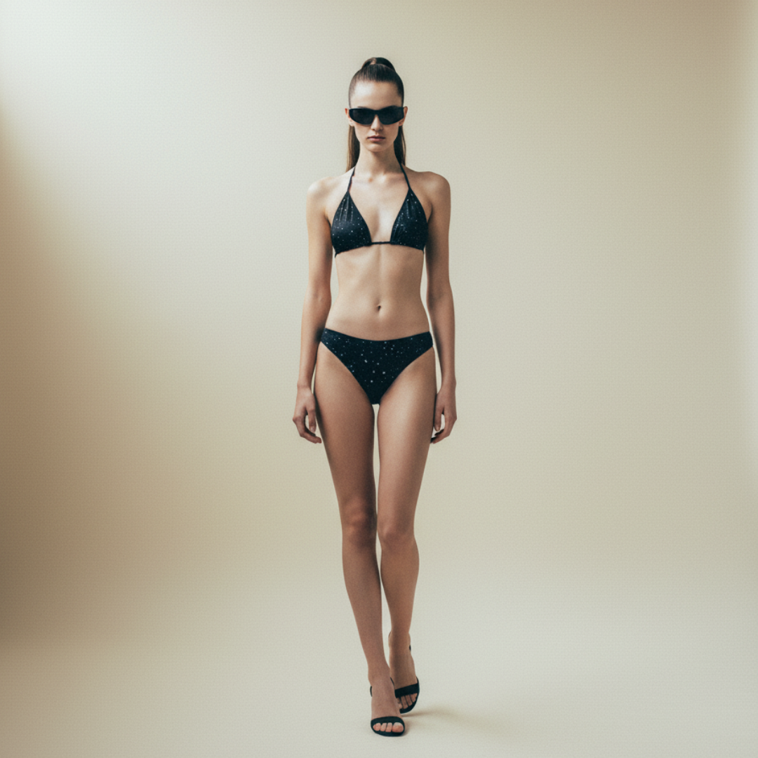 Woman wearing a black bikini and sunglasses on a plain background