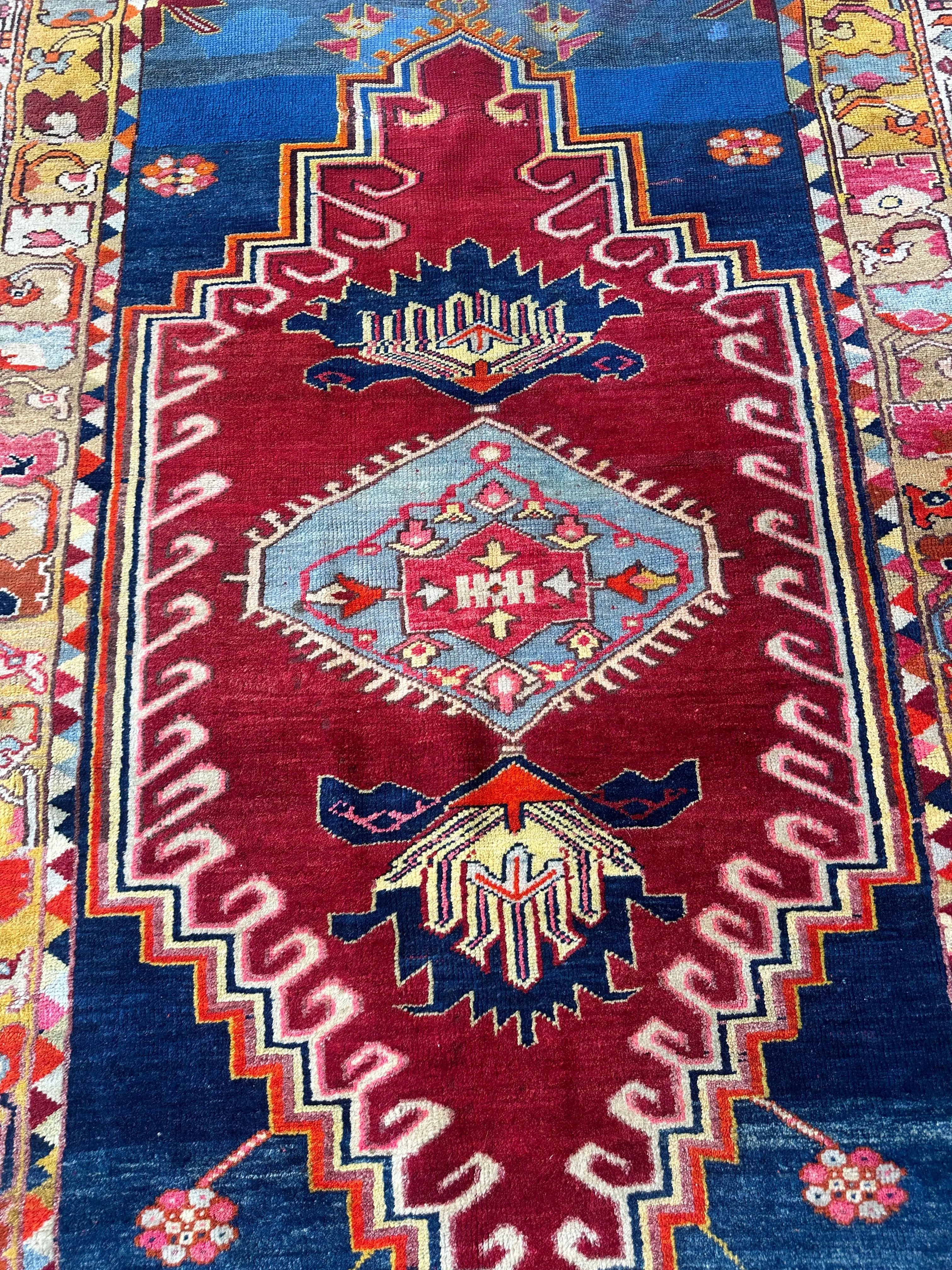 Hand-Knotted Antique Turkish Melas Wool Rug – 4'3" x 5'11" – Vibrant Geometric Motifs Rugistan