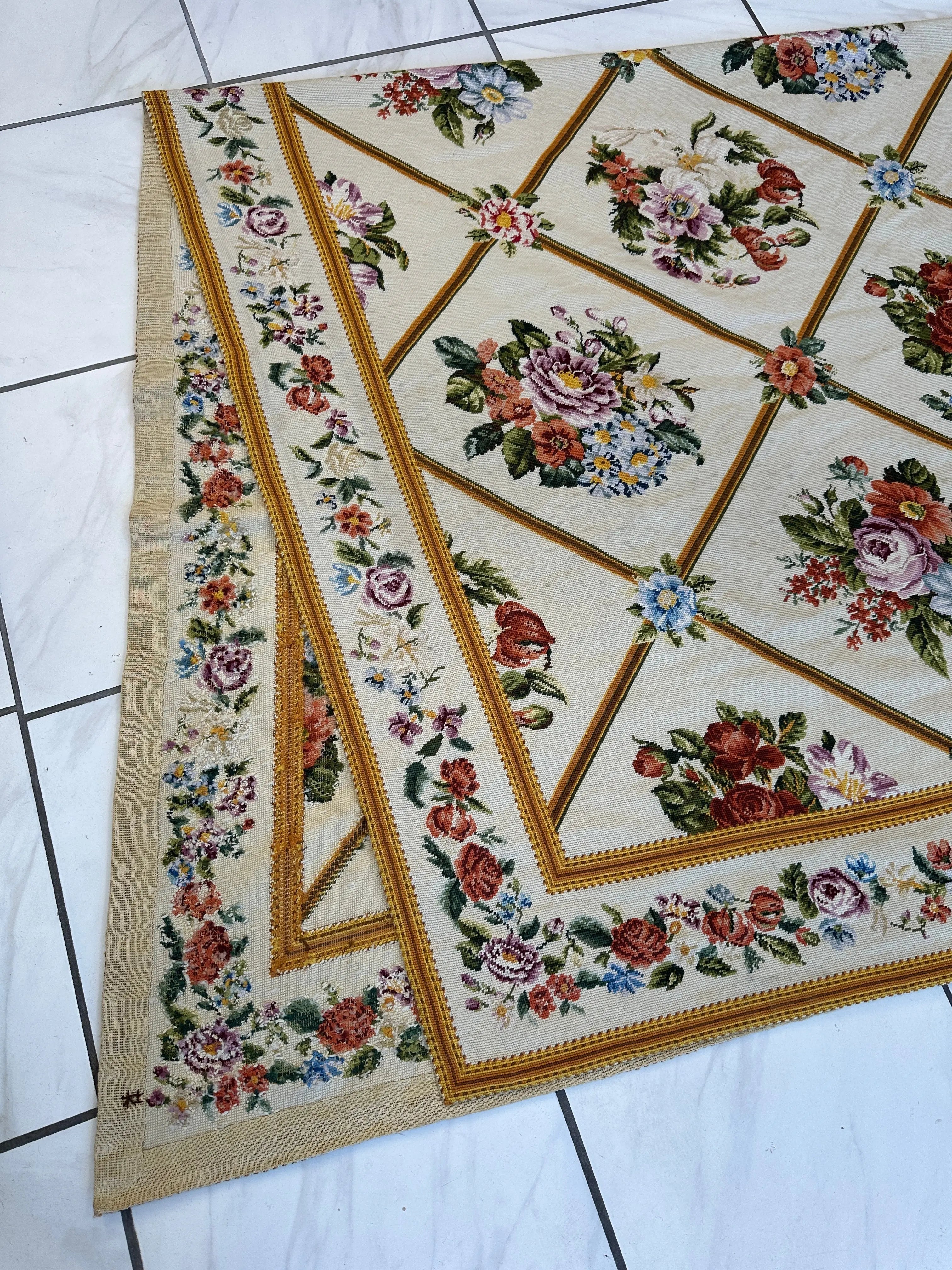 Handmade Needlepoint Floral Wool Rug – 9' 7" x 13' 5" – Vintage European Tapestry Style Rugistan