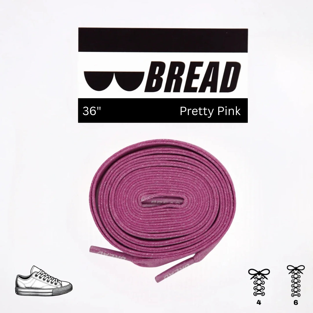 Pink shoelaces with 'BREAD' branding and product details on a white background