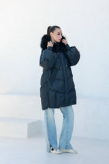 Celeste Genuine Fur Trim Down Fill Coat in Black