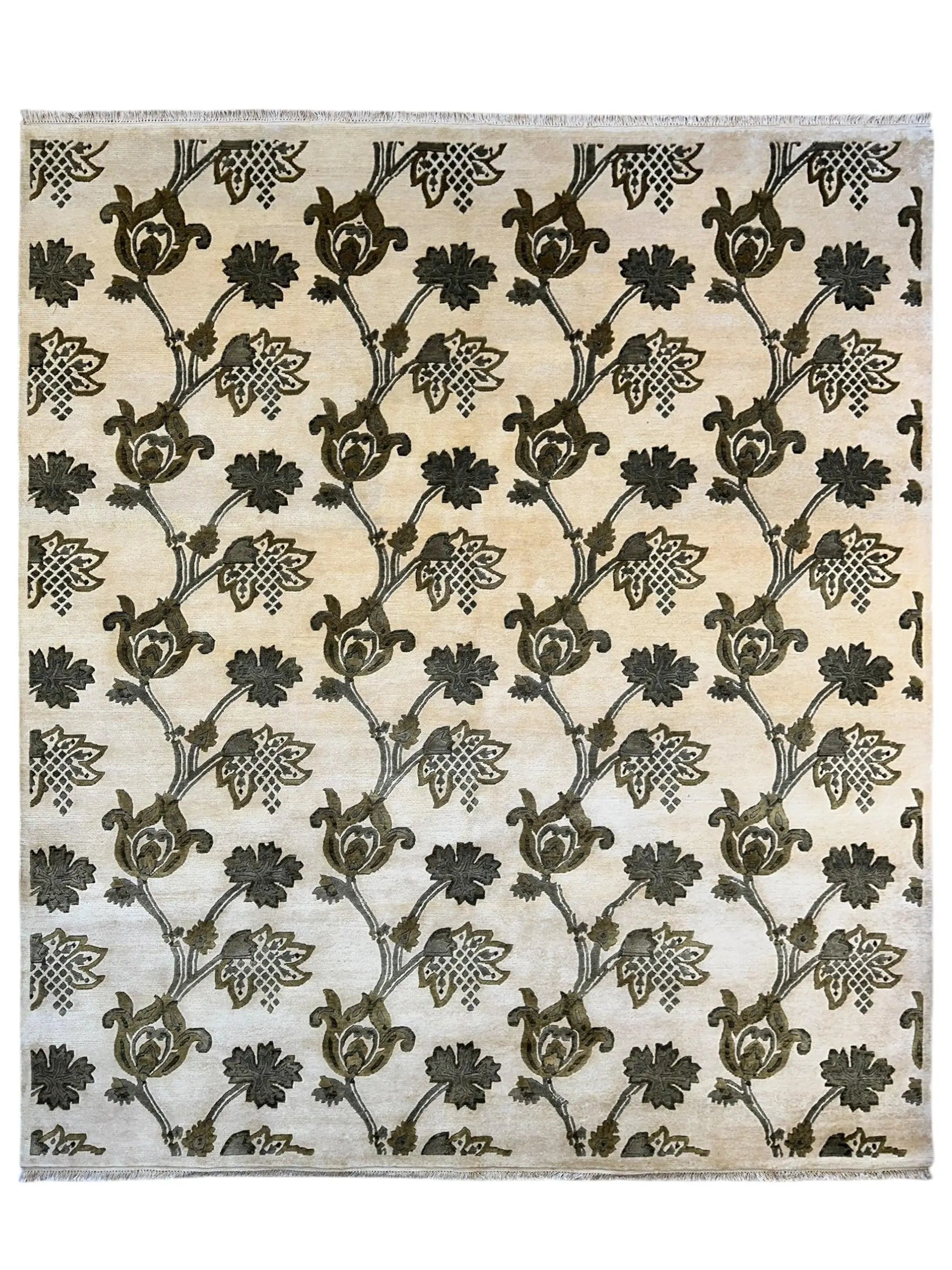 Hand-Knotted Indian Rug - 7'11" x 9'9" - Wool - Floral Pattern - Elegant Beige and Green Design Rugistan