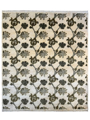 Hand-Knotted Indian Rug - 7'11" x 9'9" - Wool - Floral Pattern - Elegant Beige and Green Design Rugistan