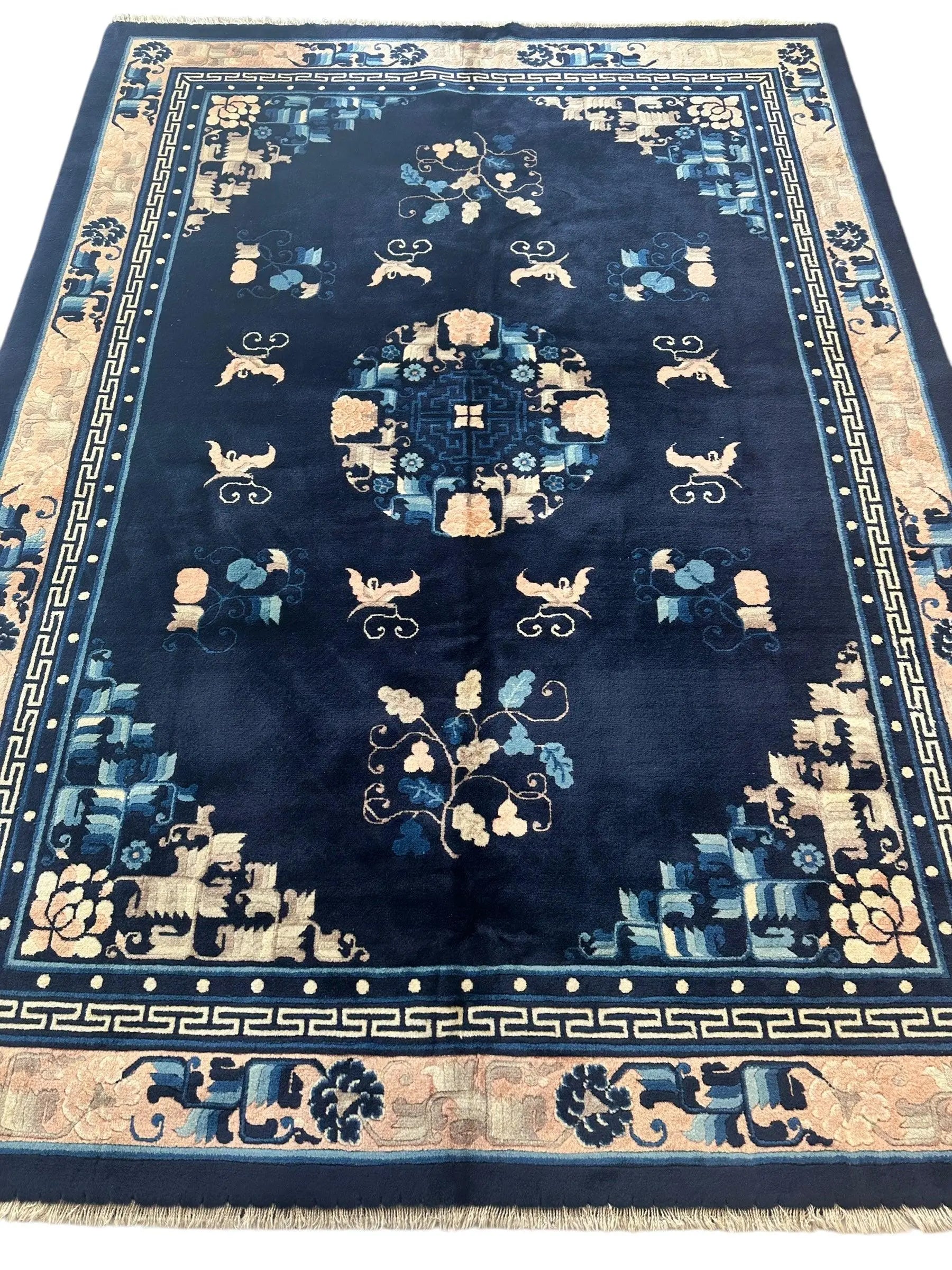 Hand-Knotted Antique Chinese Peking Wool Rug – 5’6” x 7’6” – Full Pile Navy and Cream Design Rugistan