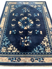 Hand-Knotted Antique Chinese Peking Wool Rug – 5’6” x 7’6” – Full Pile Navy and Cream Design Rugistan