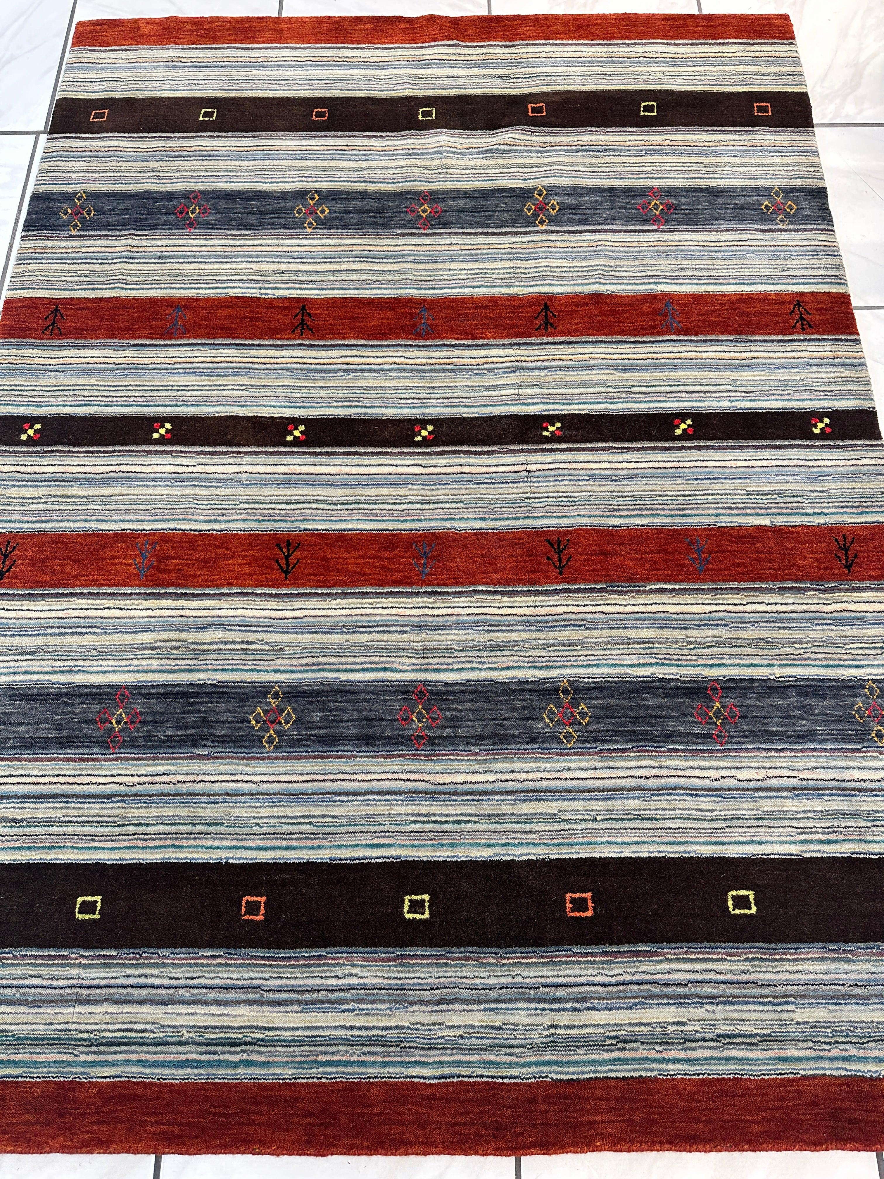 Hand-Knotted Indo-Gabbeh Wool & Bamboo Rug – 5'2" x 7' – Durable Striped Design Rugistan