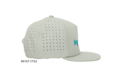Light gray cap with a small blue logo on a white background