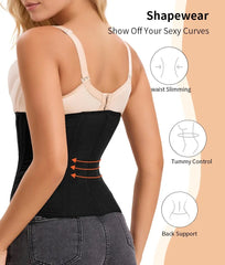 Woman wearing a shapewear product with text highlighting features on a beige background