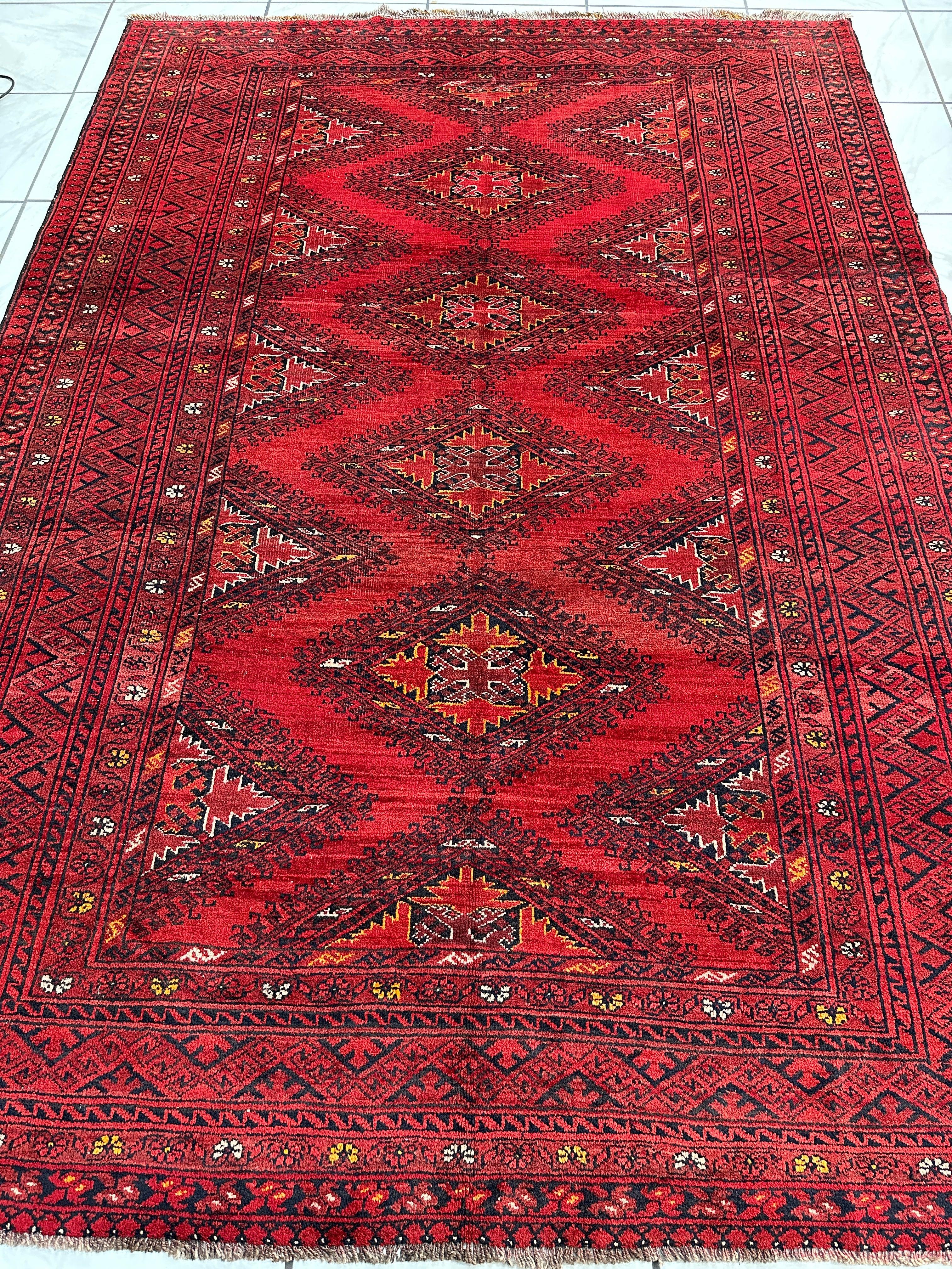 Hand-Knotted Afghan Turkoman Waziri Wool Rug – 6'9" x 9'6" – Vintage Red Elegance Rugistan