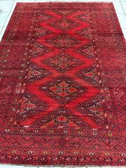 Hand-Knotted Afghan Turkoman Waziri Wool Rug – 6'9" x 9'6" – Vintage Red Elegance Rugistan
