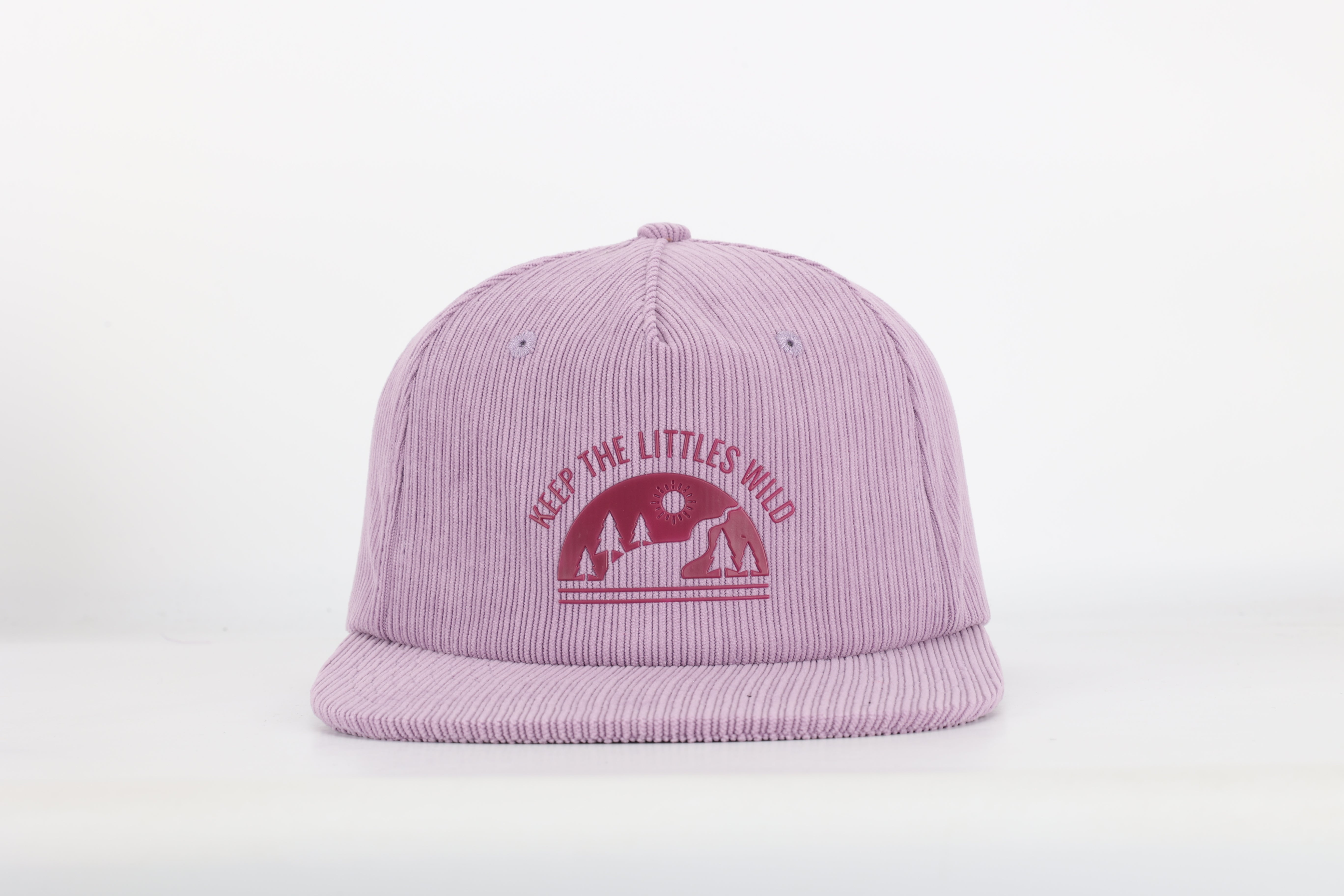 Pink cap with a red graphic and text on a white background