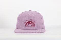 Pink cap with a red graphic and text on a white background