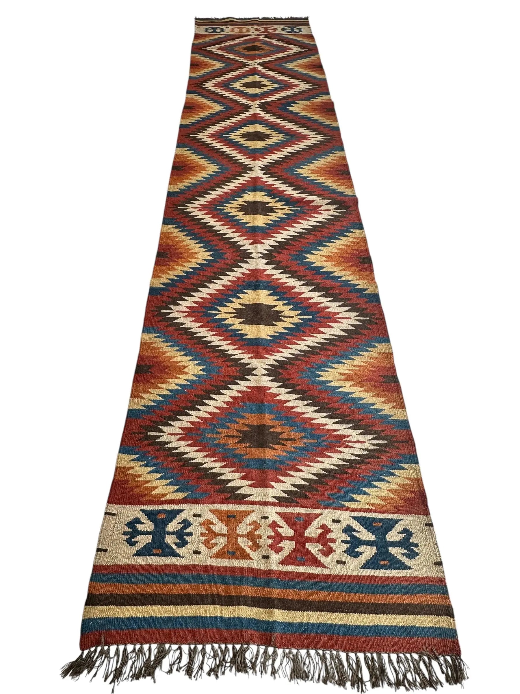 Hand-Knotted Afghan Kilim Wool Runner Rug – 2’8” x 12’4” – Vintage Full Geometric Design Rugistan