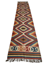Hand-Knotted Afghan Kilim Wool Runner Rug – 2’8” x 12’4” – Vintage Full Geometric Design Rugistan