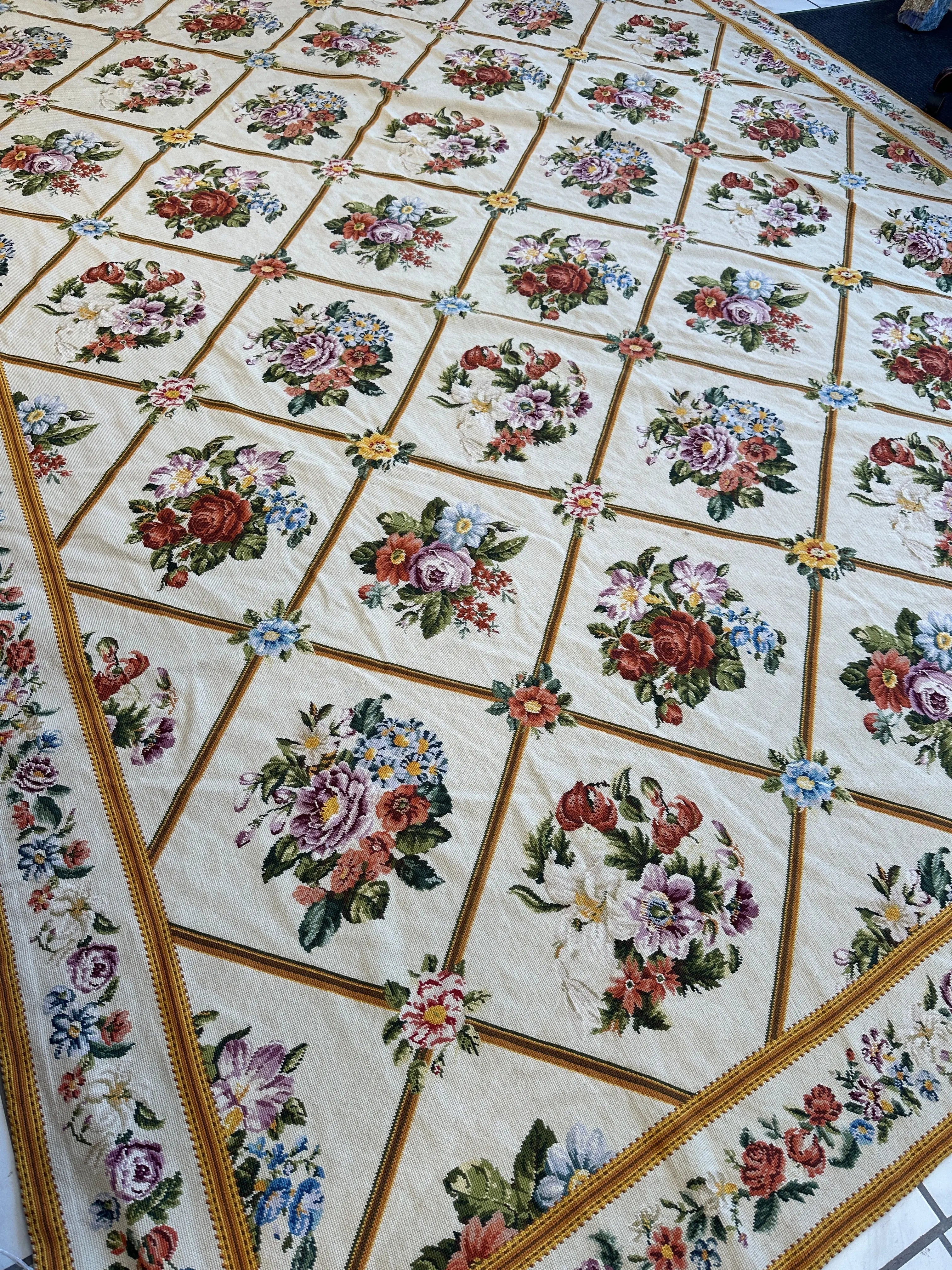 Handmade Needlepoint Floral Wool Rug – 9' 7" x 13' 5" – Vintage European Tapestry Style Rugistan