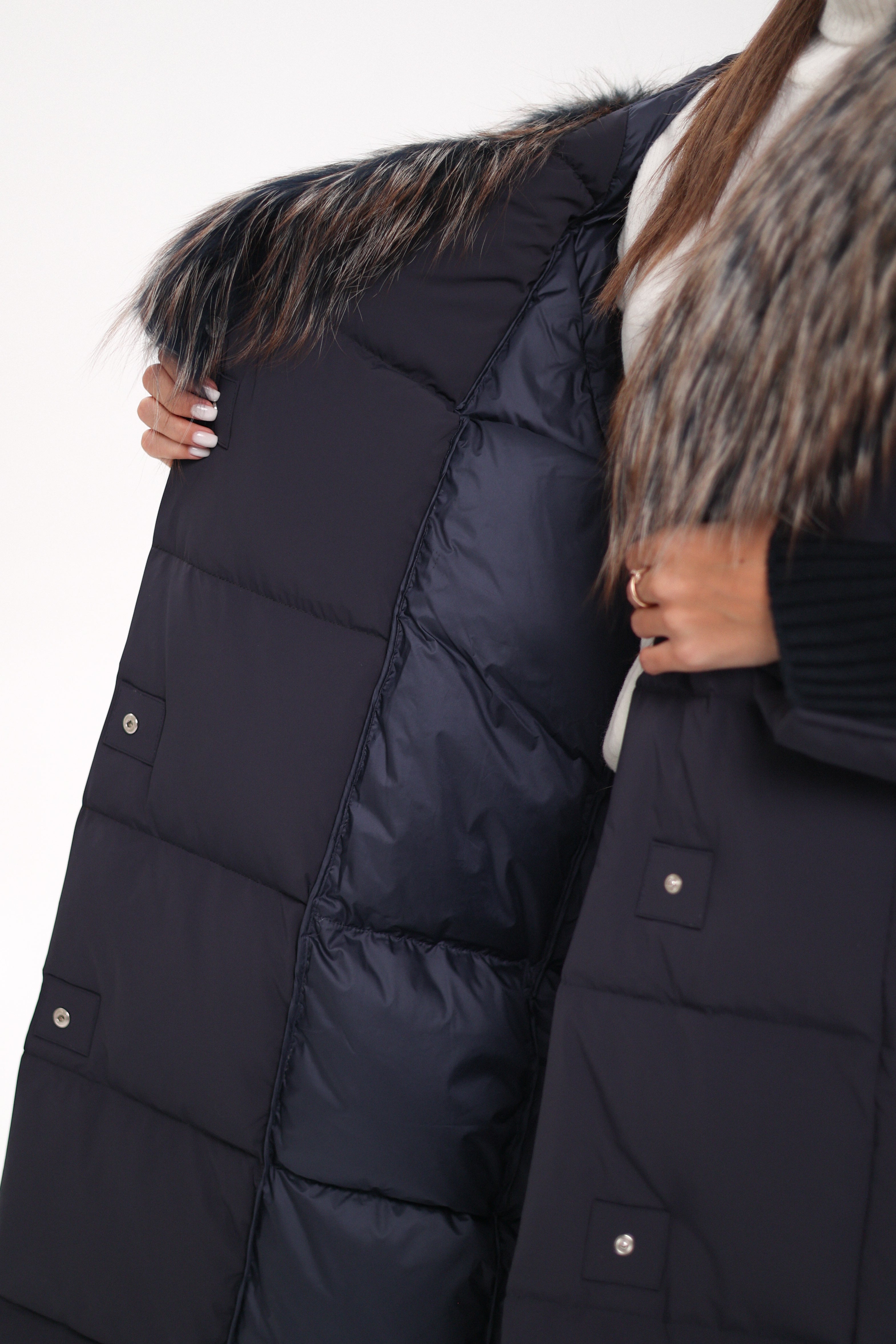 Rei Genuine Fur Trim Hooded Down Coat in Navy Alaska® Outerwear Company