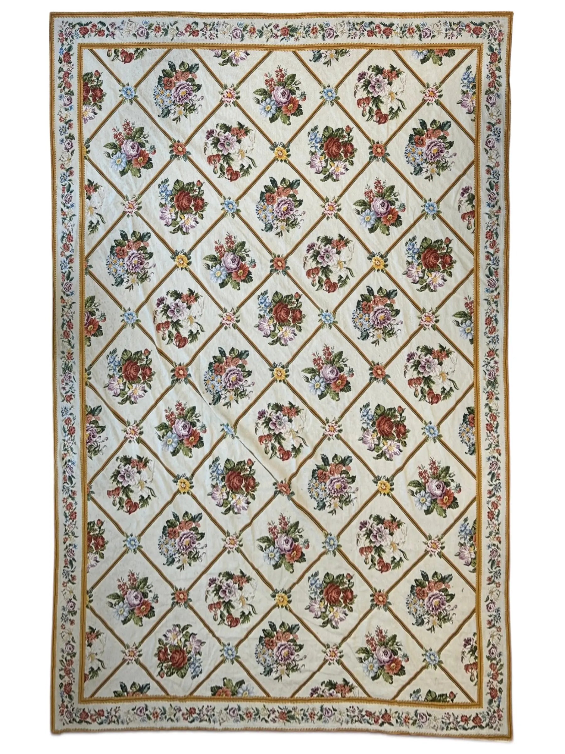 Handmade Needlepoint Floral Wool Rug – 9' 7" x 13' 5" – Vintage European Tapestry Style Rugistan