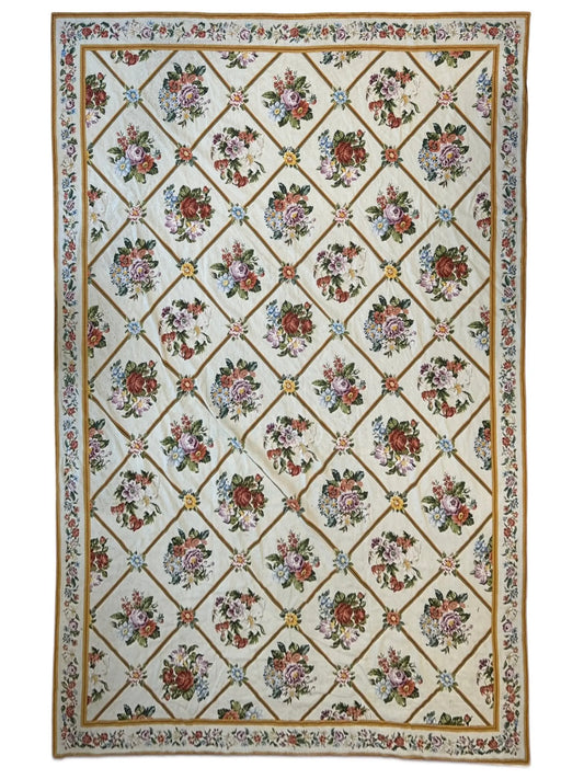 Handmade Needlepoint Floral Wool Rug – 9' 7" x 13' 5" – Vintage European Tapestry Style Rugistan