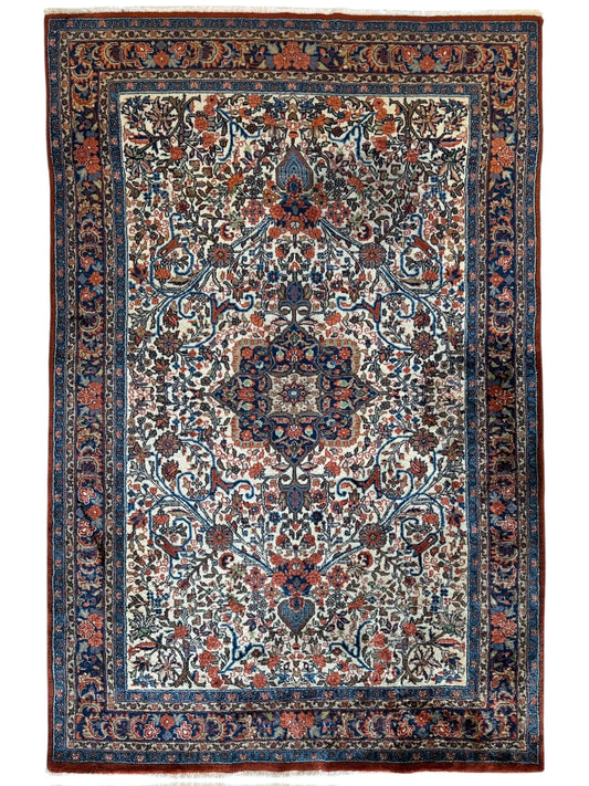 Vintage Persian Sarouk Wool Rug – 4’4” x 6’6” – Hand-Knotted Floral Medallion Design Rugistan