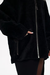 Black fleece jacket with a zipper on a white background
