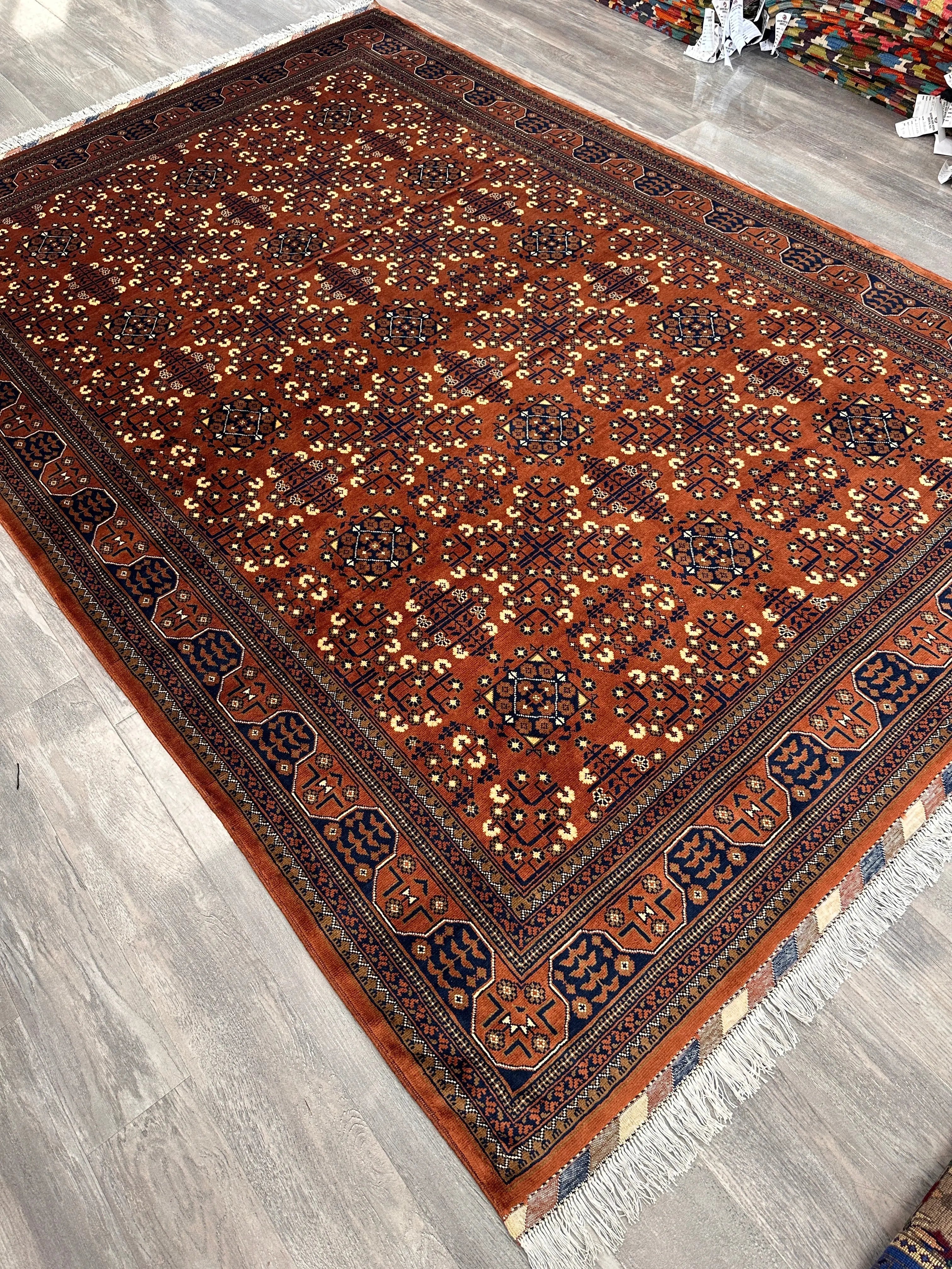 Hand-Knotted Afghani Bukharayi Rug | 6'7" x 10' Wool Area Carpet – Traditional Geometric Design Rugistan