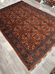 Hand-Knotted Afghani Bukharayi Rug | 6'7" x 10' Wool Area Carpet – Traditional Geometric Design Rugistan