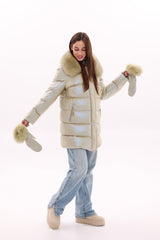 Genuine Fox Fur Down Coat with Fur Trim Mittens