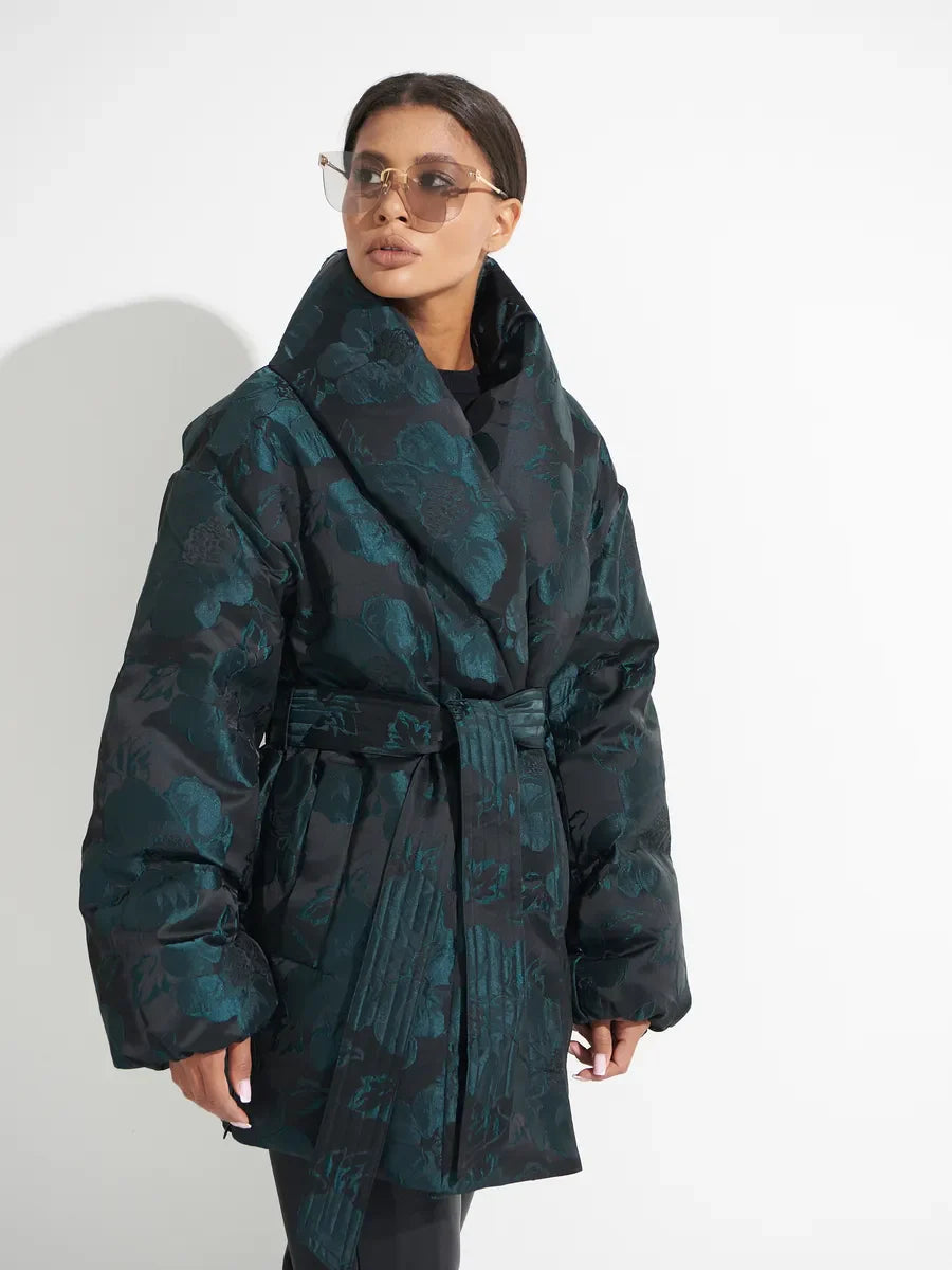 Monochrome Jacquard Down Coat in Vintage Emerald Alaska® Outerwear Company