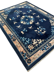 Hand-Knotted Antique Chinese Peking Wool Rug – 5’6” x 7’6” – Full Pile Navy and Cream Design Rugistan