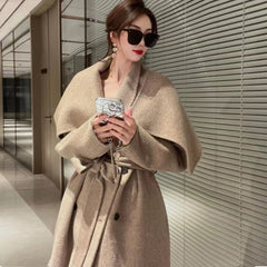 Women's Double-sided Cashmere Coat With Scarf Elegant Woolen Overcoat
