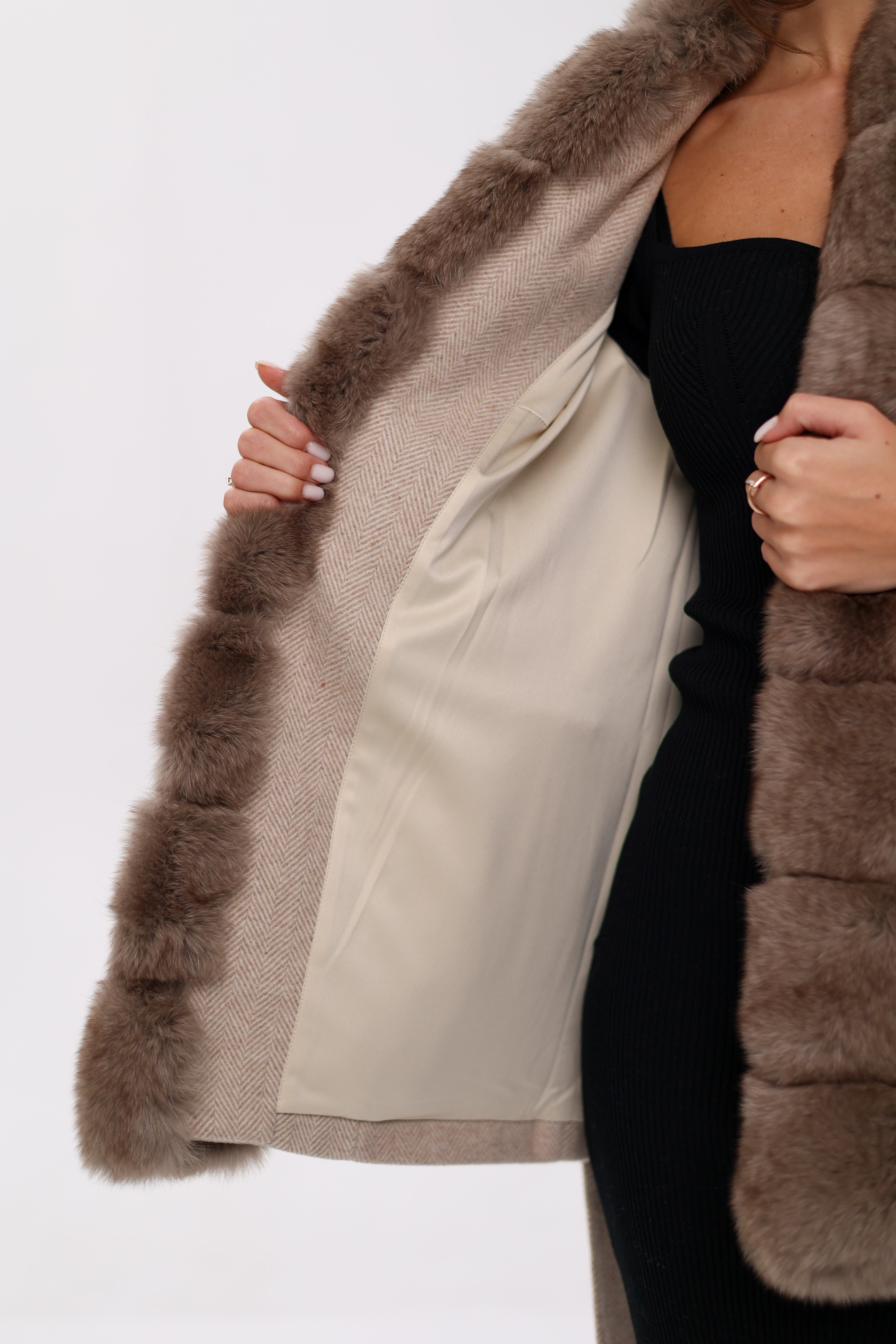 Genuine Polar Fox Fur Virgin Wool Coat in Nude Alaska® Outerwear Company