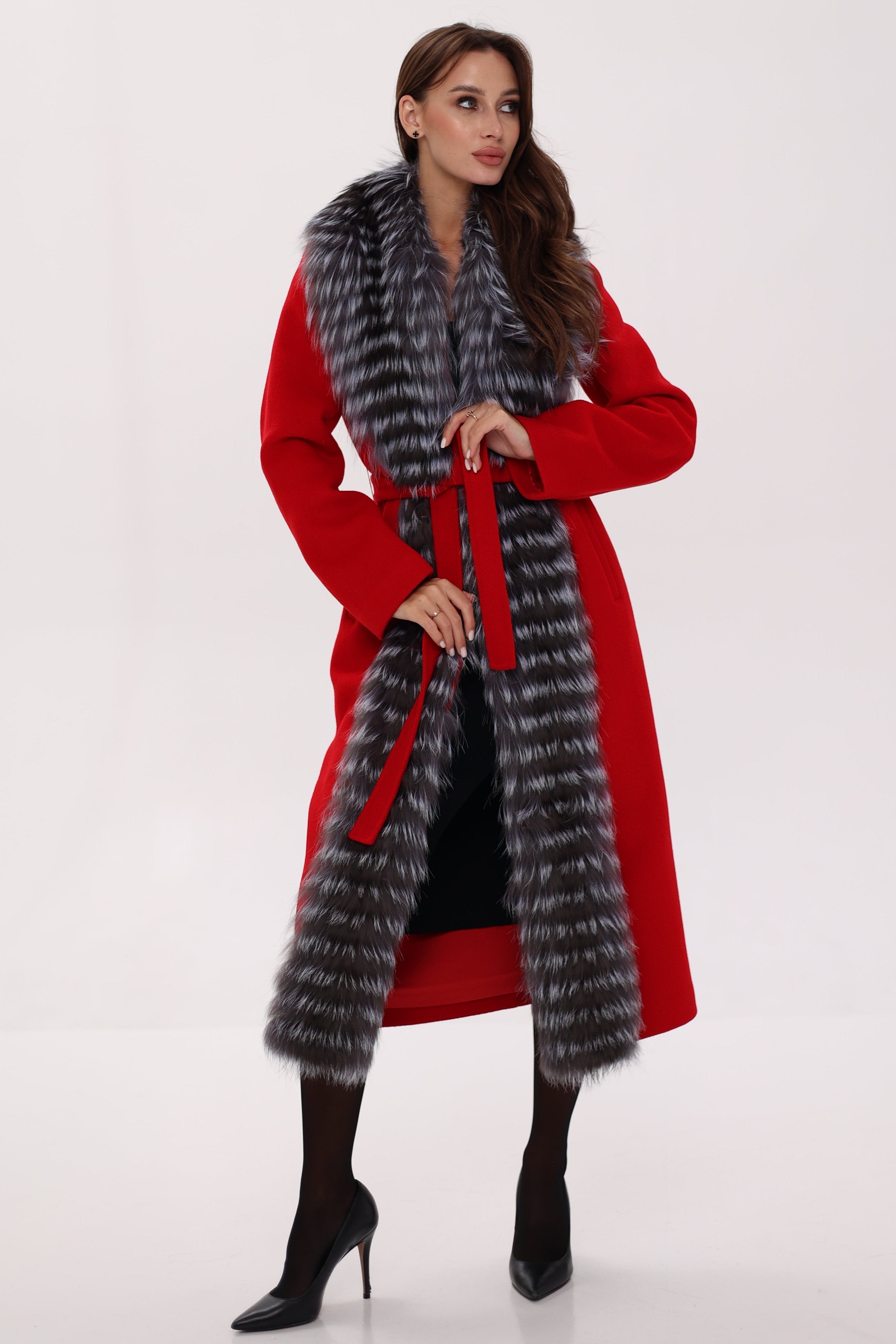 Genuine Silver Fox Virgin Wool Wrap Coat in Red Alaska® Outerwear Company