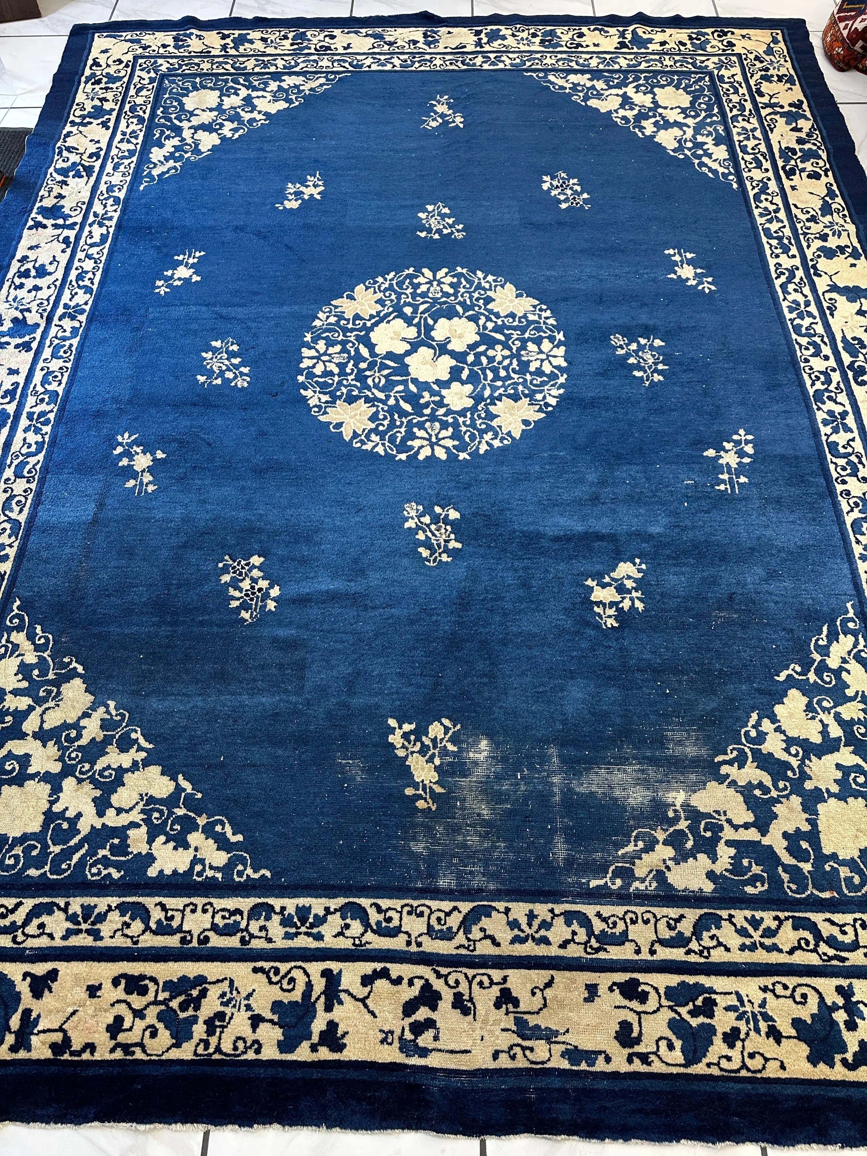 Hand-Knotted Antique Chinese Peking Wool Rug – 9’ x 11’5” – Distressed Blue, 19th Century Rugistan