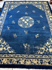 Hand-Knotted Antique Chinese Peking Wool Rug – 9’ x 11’5” – Distressed Blue, 19th Century Rugistan
