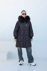 Dakota Genuine Fur Trim Down Fill Coat in Chocolate