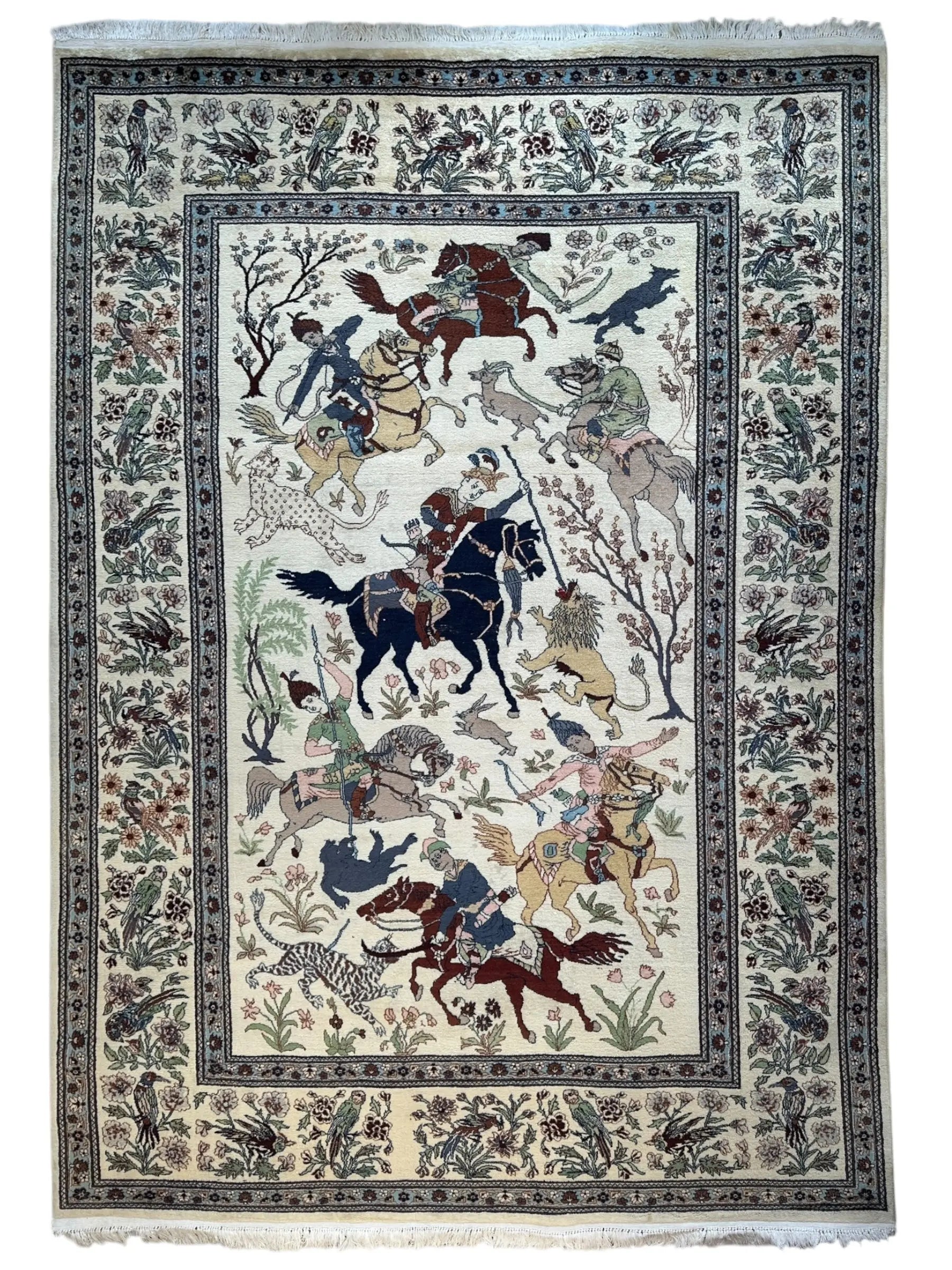 Hand-Knotted Lahore Hunting Scene Wool Rug – 8’ x 11’3” – Vintage 1950s Persian-Style Masterpiece Rugistan
