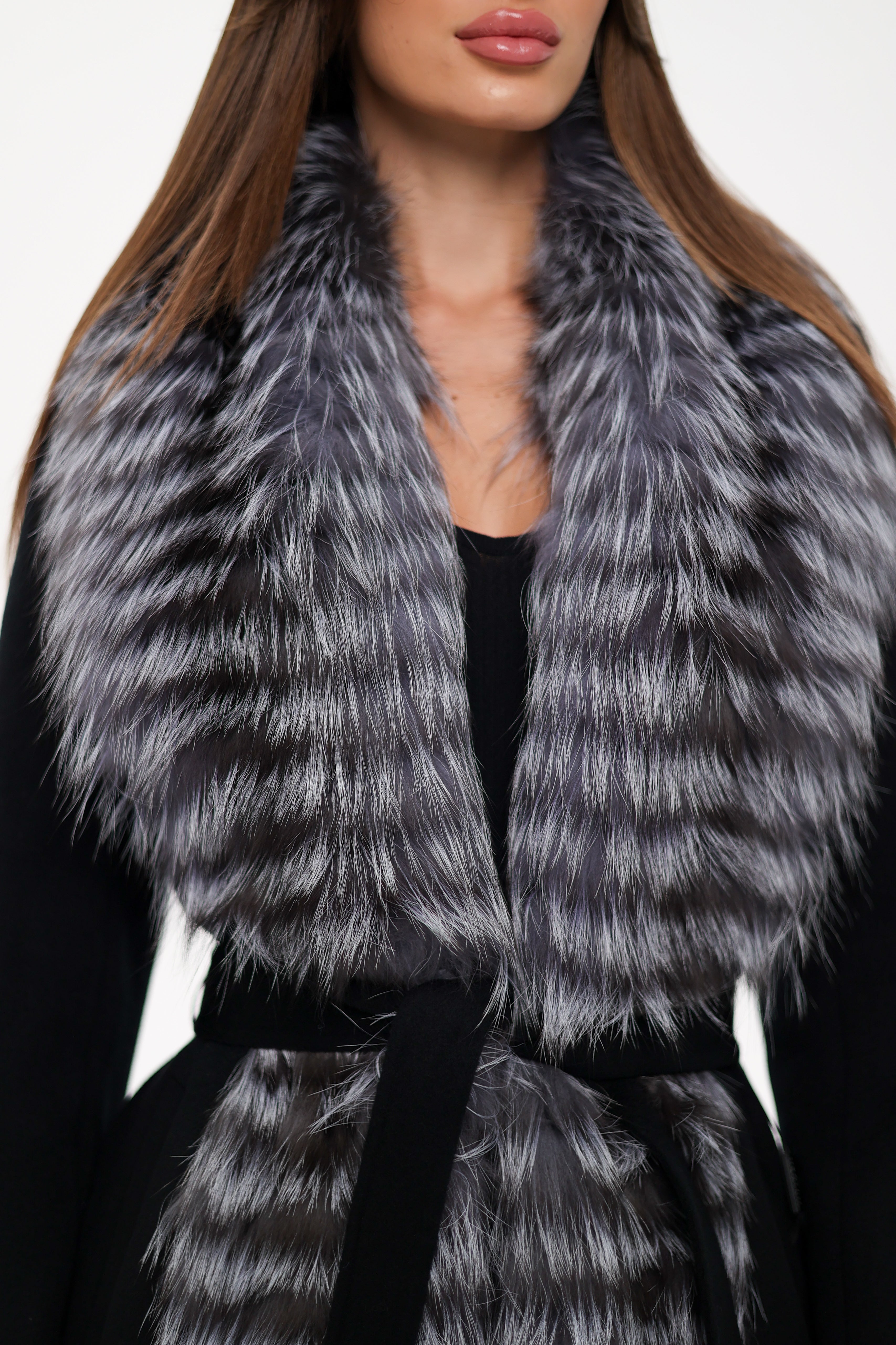 Genuine Silver Fox Virgin Wool Wrap Coat in Black Alaska® Outerwear Company