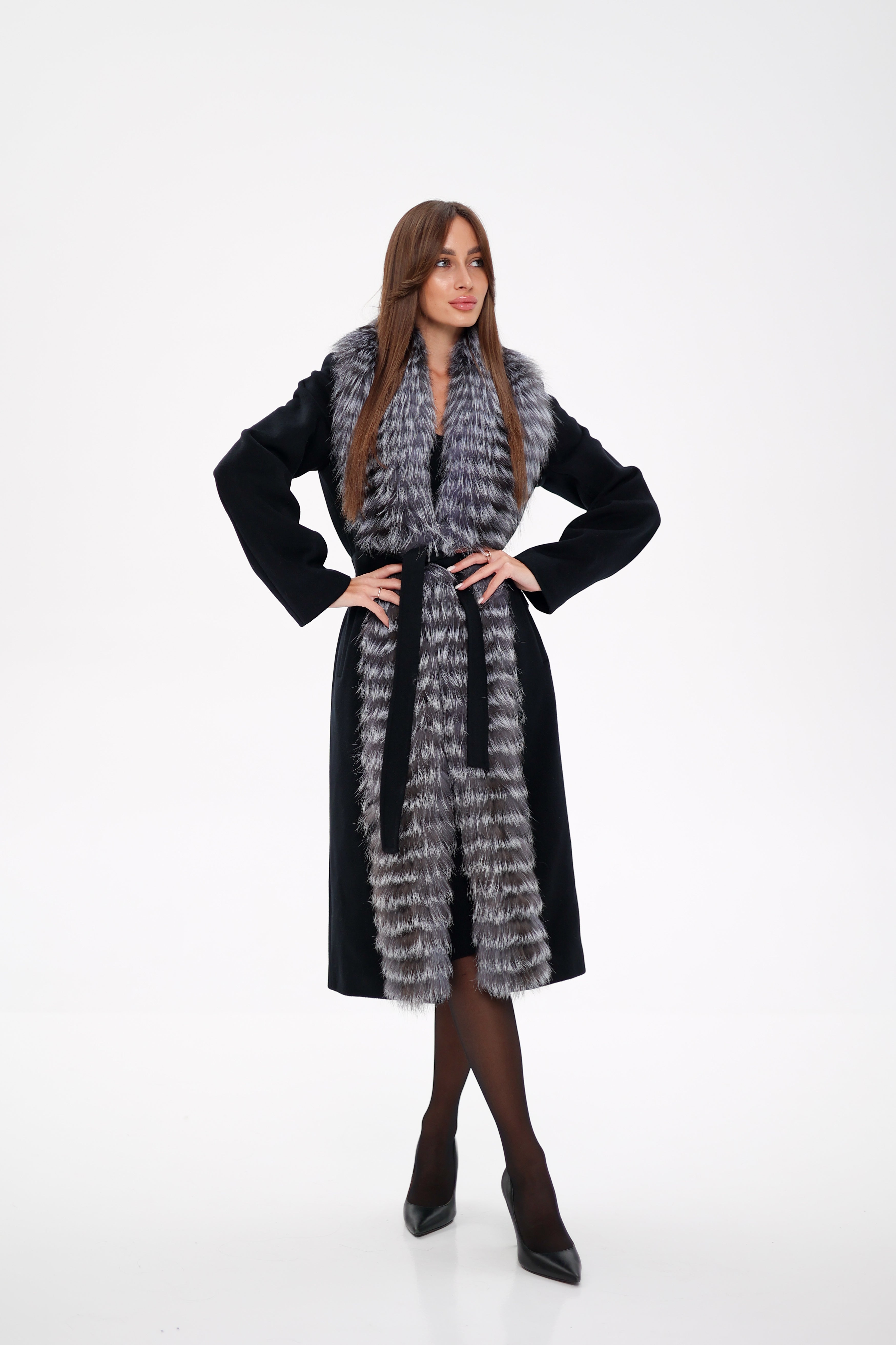 Genuine Silver Fox Virgin Wool Wrap Coat in Black Alaska® Outerwear Company