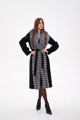 Genuine Silver Fox Virgin Wool Wrap Coat in Black Alaska® Outerwear Company