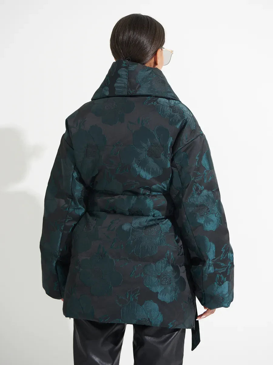 Monochrome Jacquard Down Coat in Vintage Emerald Alaska® Outerwear Company