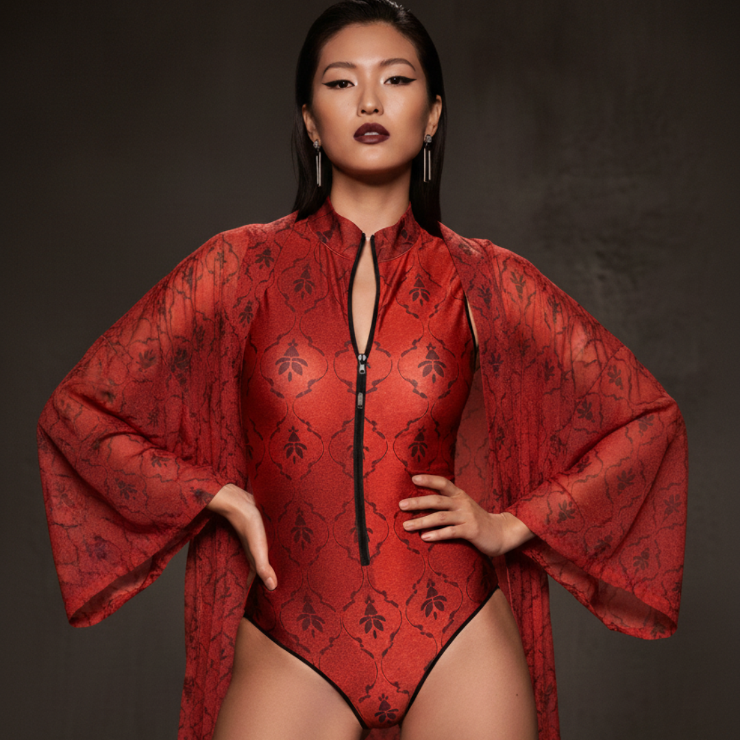 Model wearing a red patterned outfit with a dark background