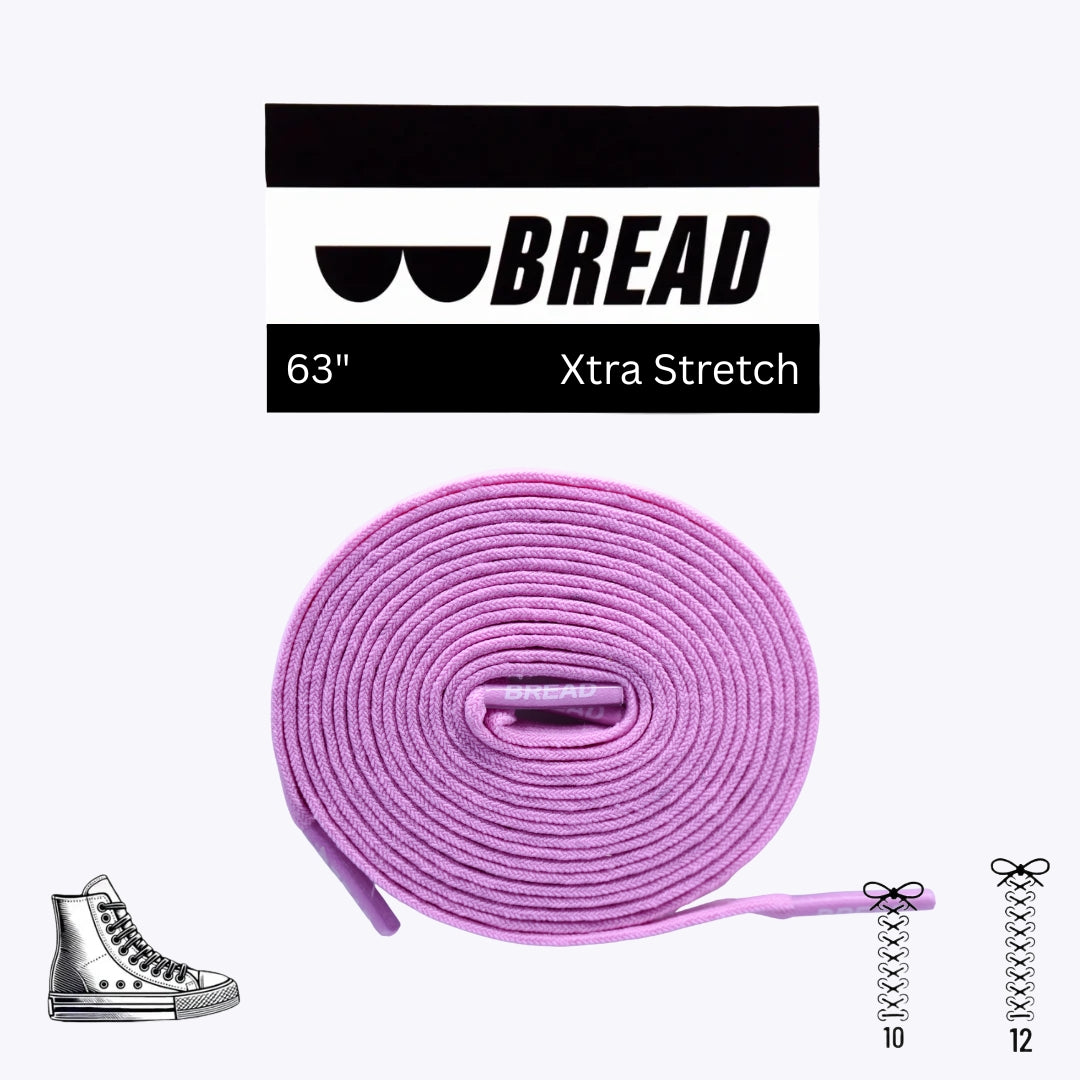 Purple shoelace with 'BREAD' branding and product details on a white background