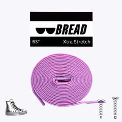 Purple shoelace with 'BREAD' branding and product details on a white background
