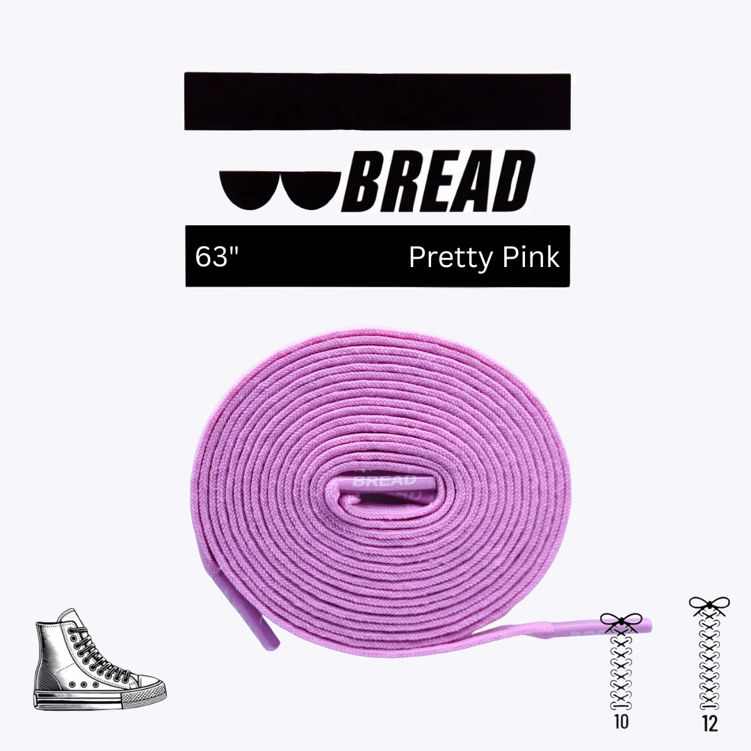 Pink shoelace with 'BREAD' branding and product details on a white background