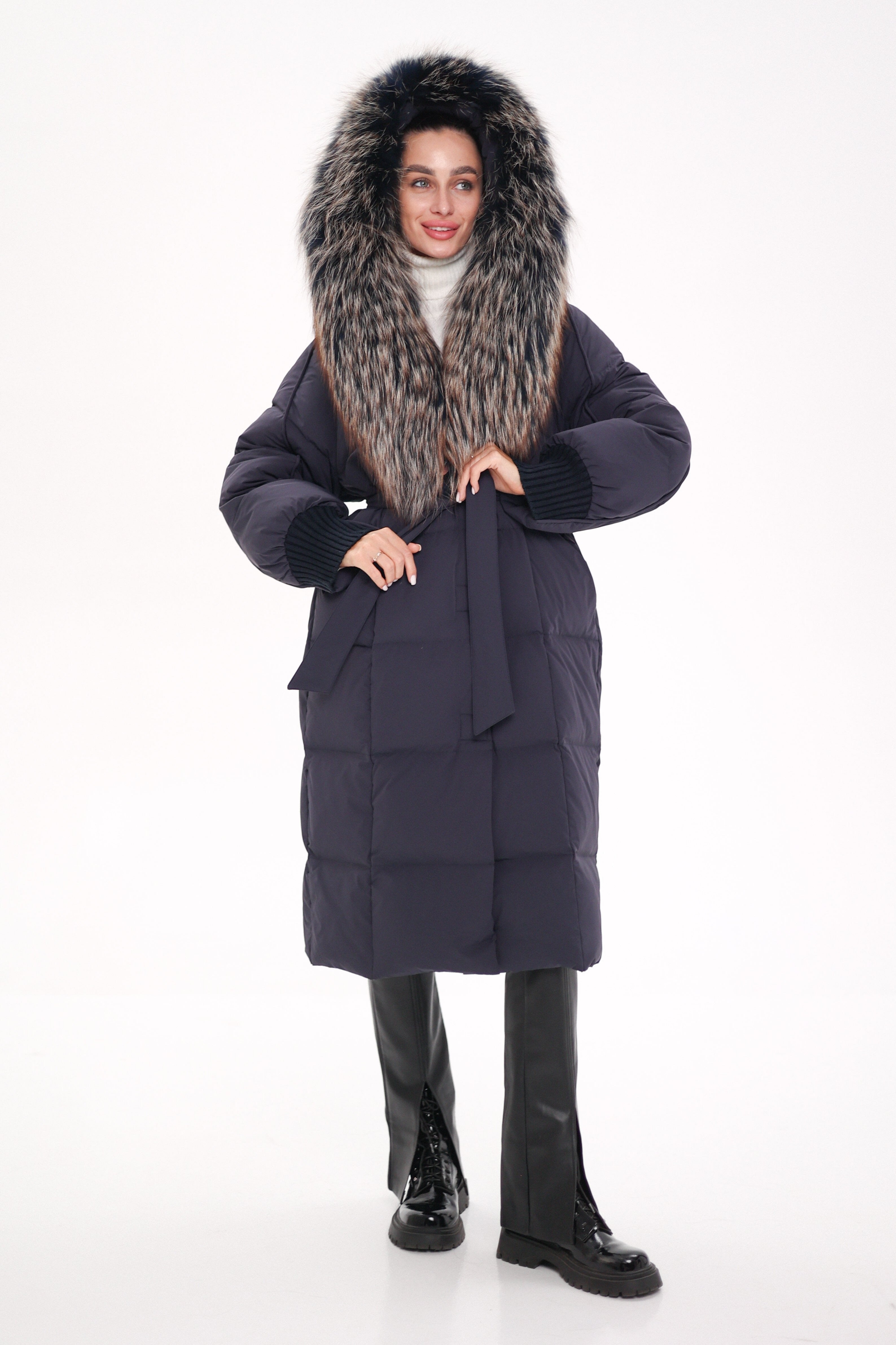 Rei Genuine Fur Trim Hooded Down Coat in Navy Alaska® Outerwear Company