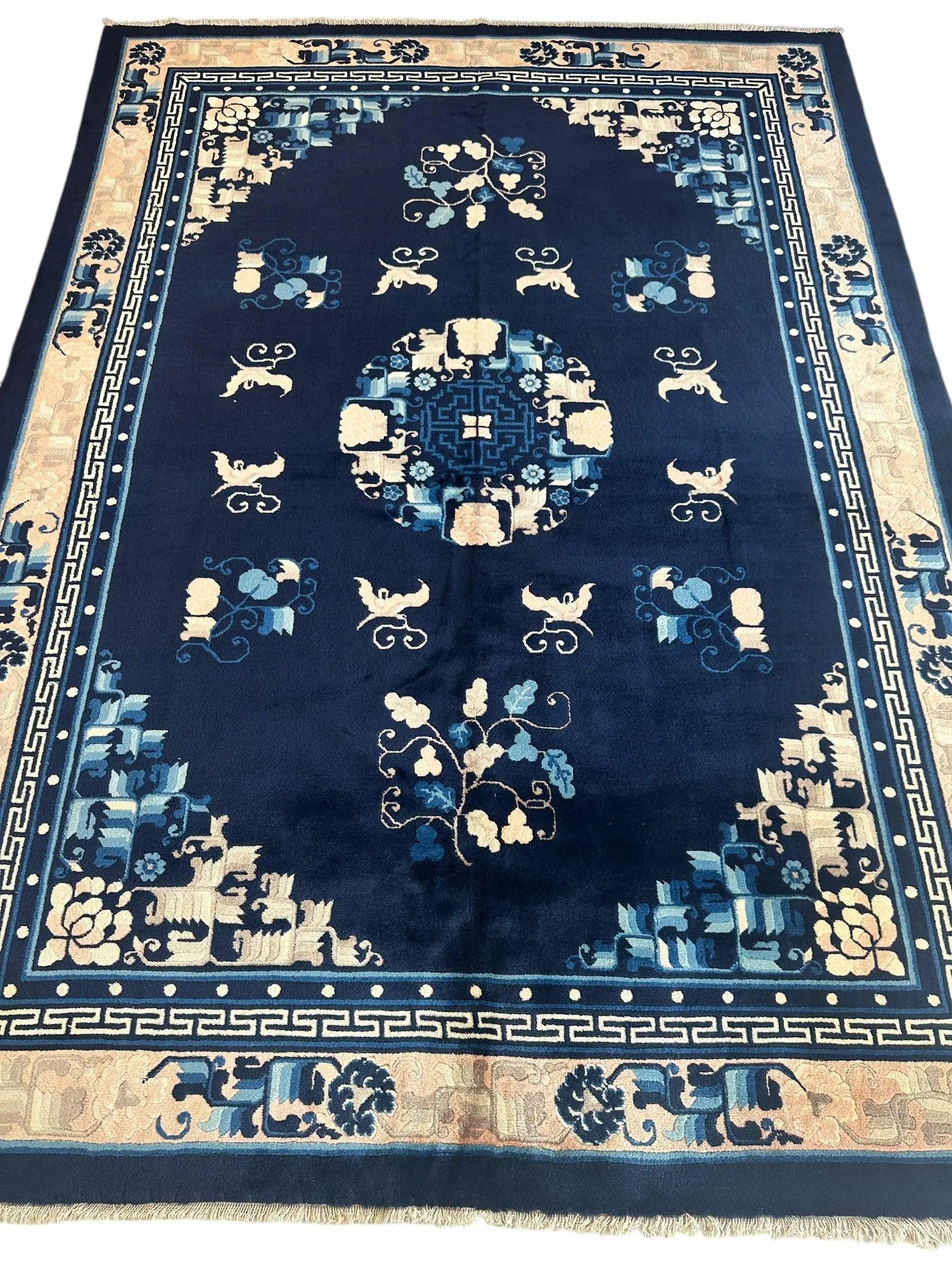 Hand-Knotted Antique Chinese Peking Wool Rug – 5’6” x 7’6” – Full Pile Navy and Cream Design Rugistan