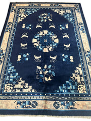Hand-Knotted Antique Chinese Peking Wool Rug – 5’6” x 7’6” – Full Pile Navy and Cream Design Rugistan