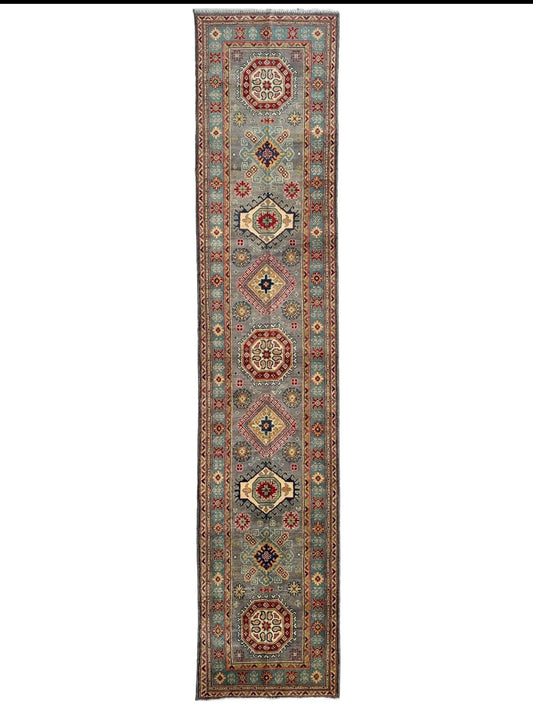 Hand-Knotted Afghan Kazak Wool Runner Rug – 2'7" x 12'3" – Traditional Geometric Design Rugistan